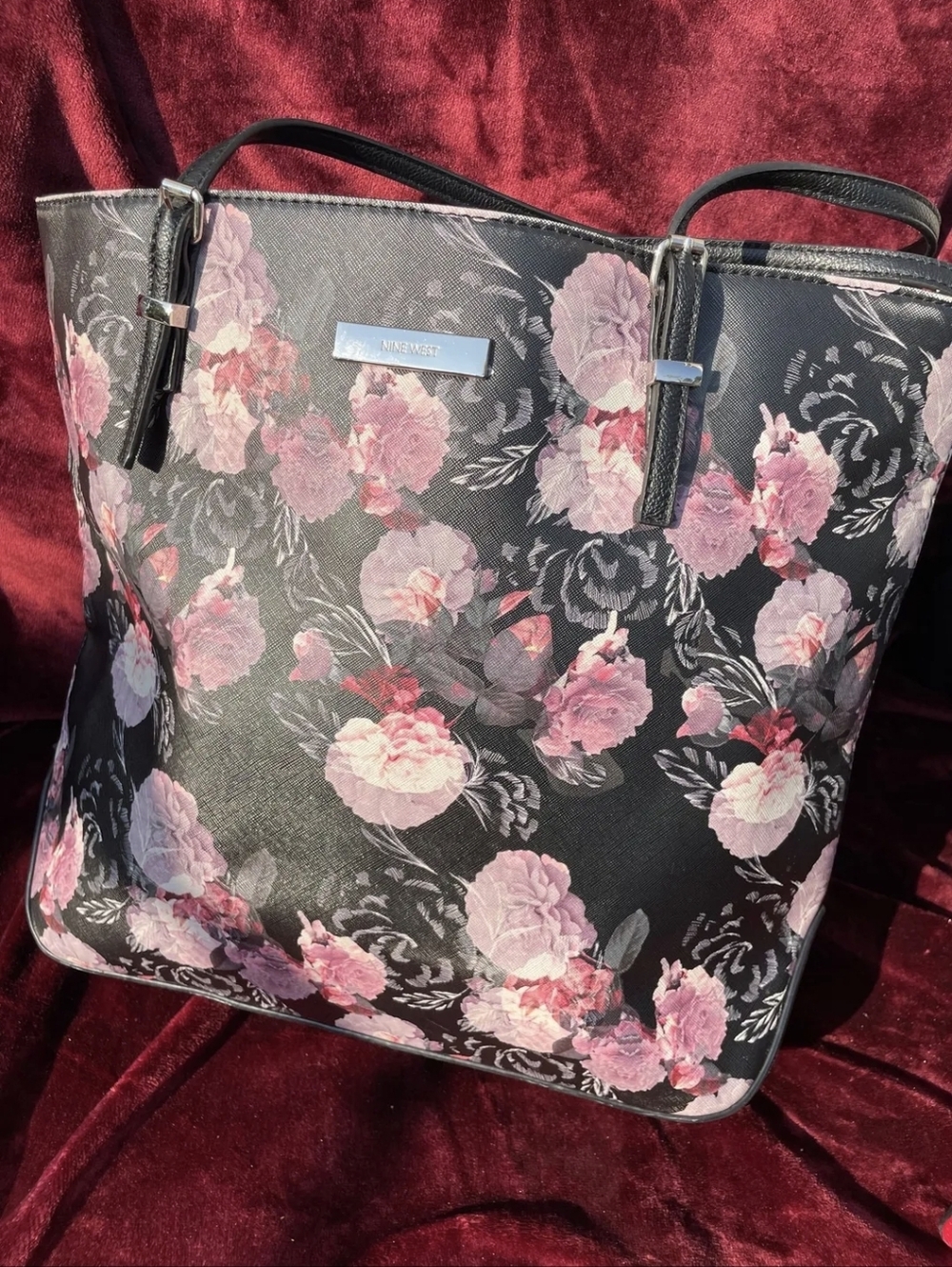 Nine West Black Floral Tote with Pink Rose Pattern
